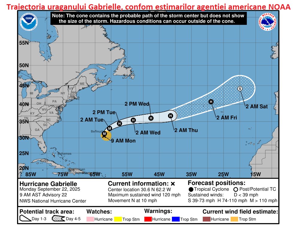 Atlanticul prinde putere, ajutat de uraganul Gabrielle, a carui traiectorie este afisata.