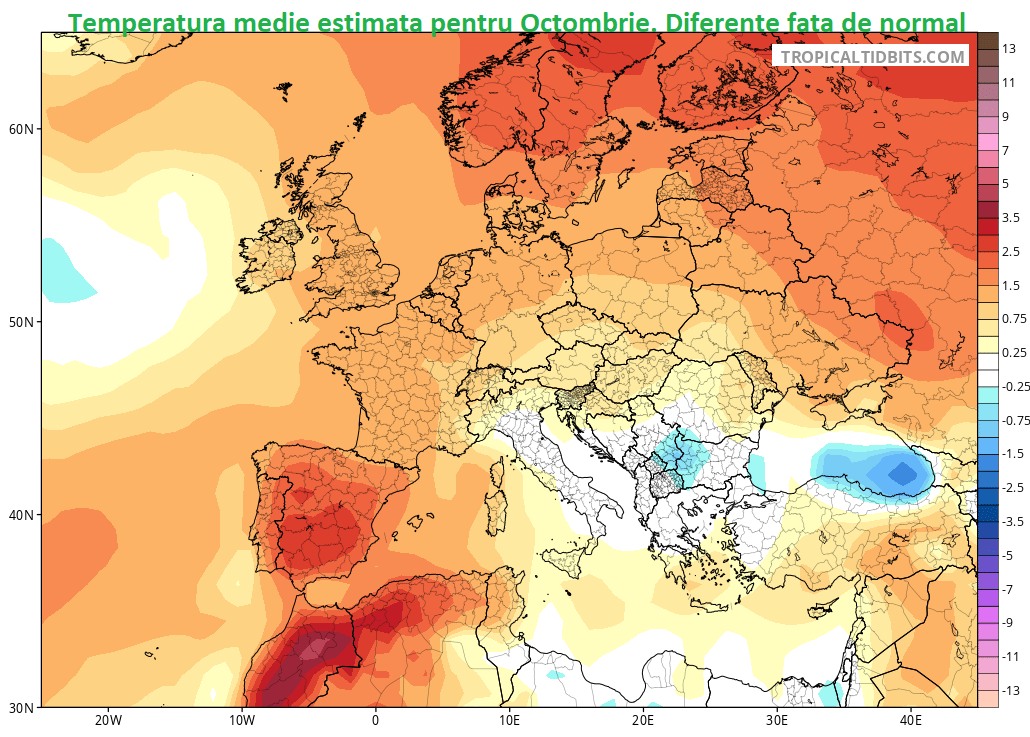 Temperatura medie estimata pentru Octombrie. Diferente fata de normal. Vreme foarte rece la debut de Octombrie vizibila prin temperaturi apropiate de normal la media lunara.