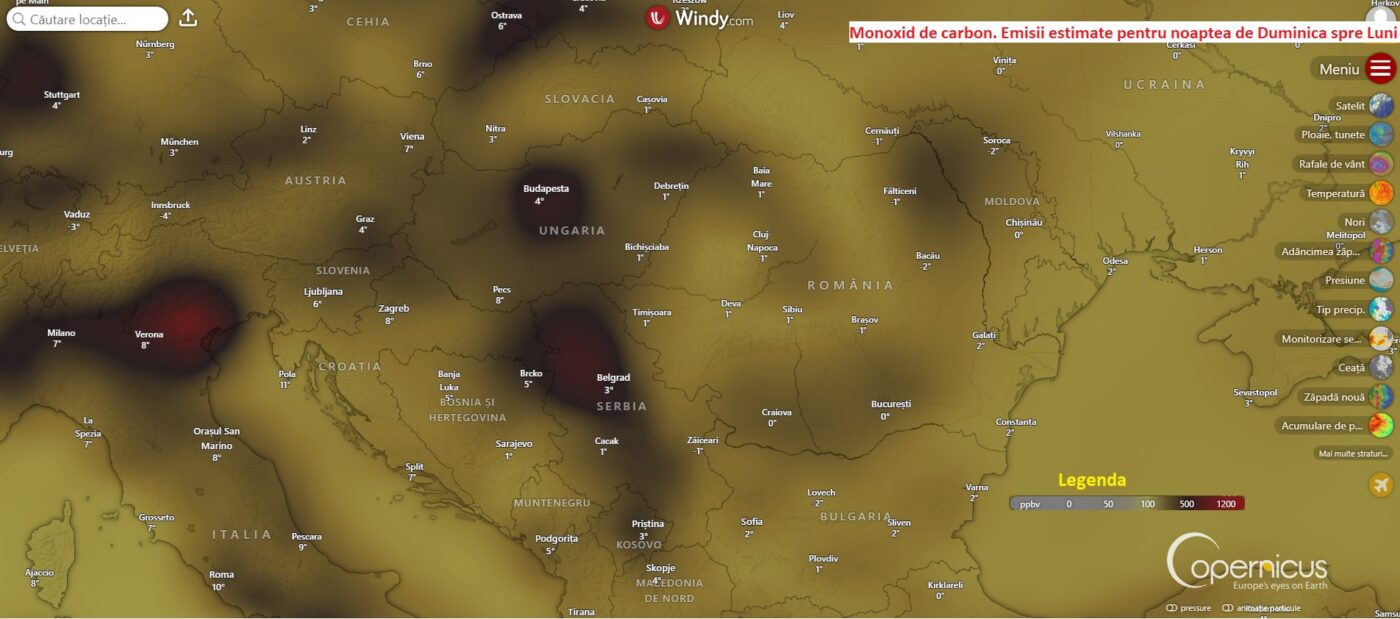 Monoxid de carbon. Emisii estimate pentru noaptea de Duminica spre Luni