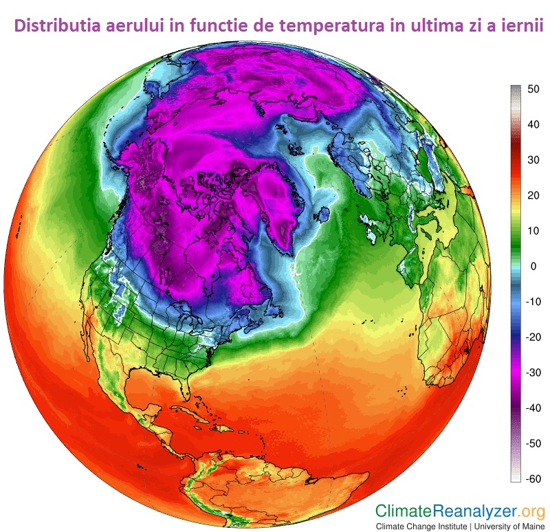 Distributia aerului in functie de temperatura in data de 28 Februarie 2026