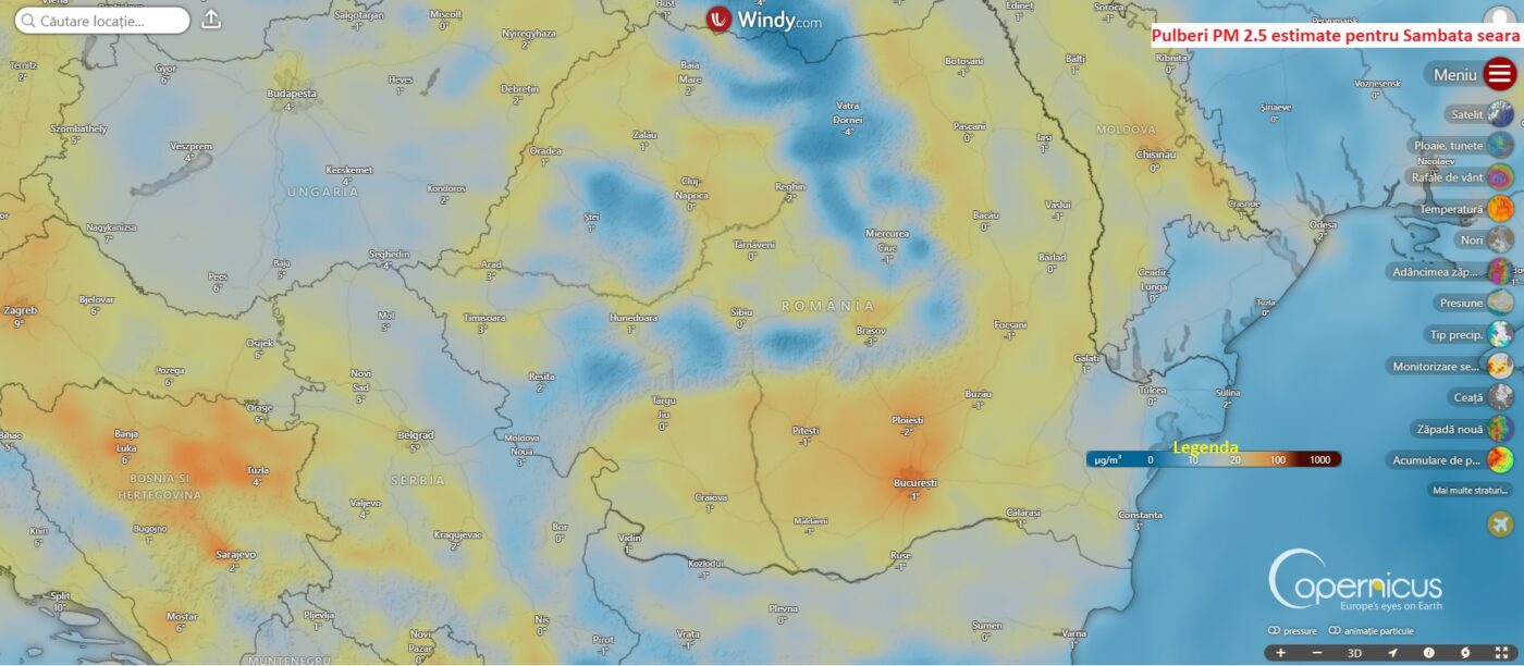 Emisii de pulberi PM 2.5 estimate pentru Sambata seara