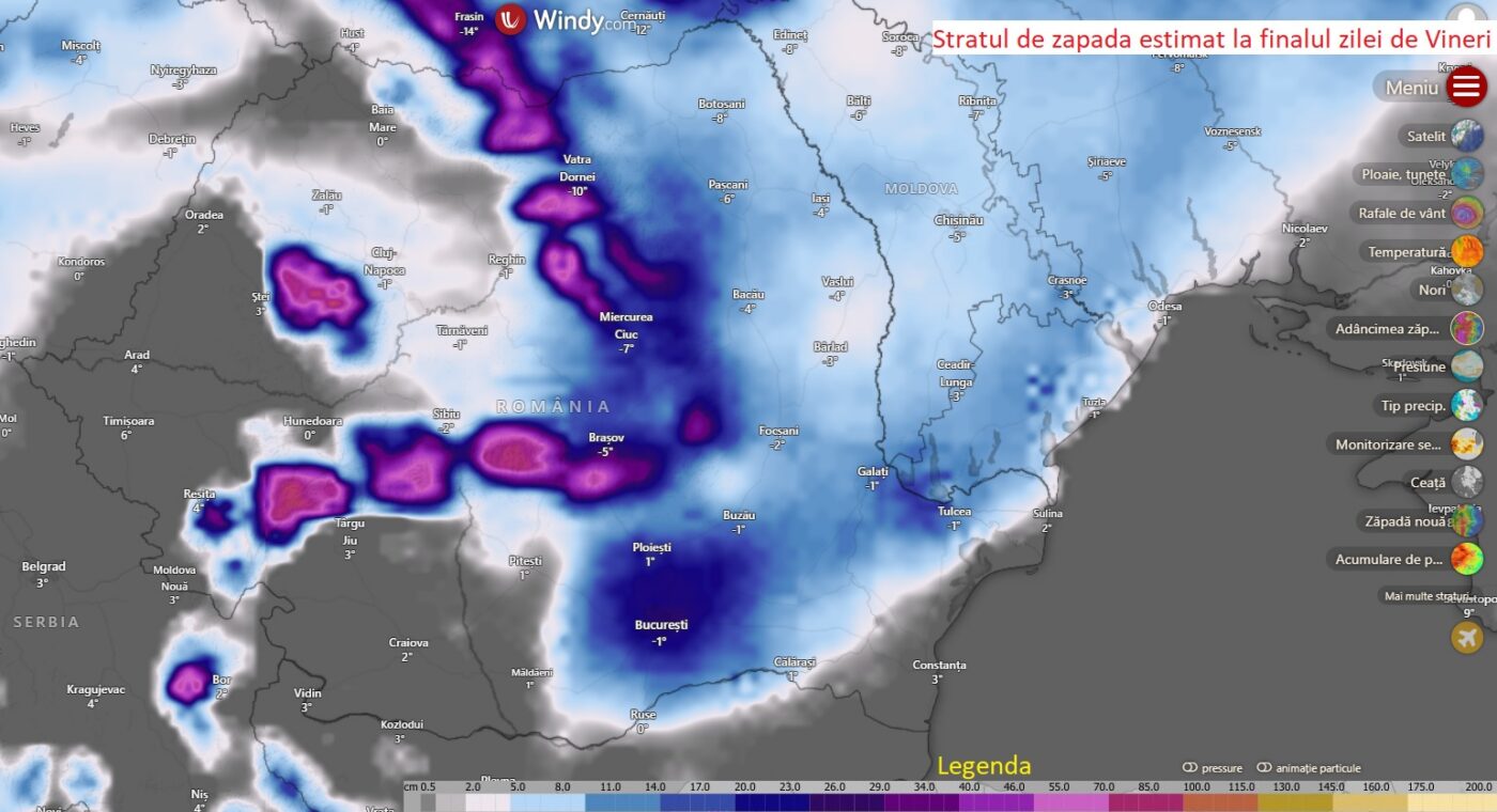 Stratul de zapada estimat la finalul zilei de Vineri