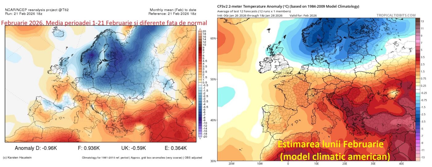 Comparatie intre media lunii Februarie si estimarea modelului climatic american
