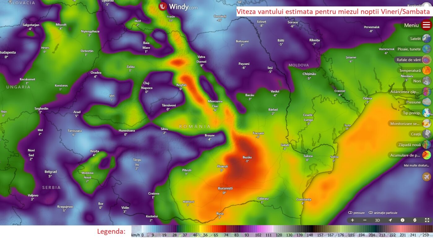 Viteza vantului la rafala estimata pentru miezul noptii de Vineri spre Sambata