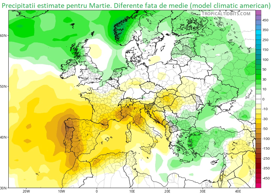 Precipitatii estimate pentru Martie 2026. Diferente fata de medie.