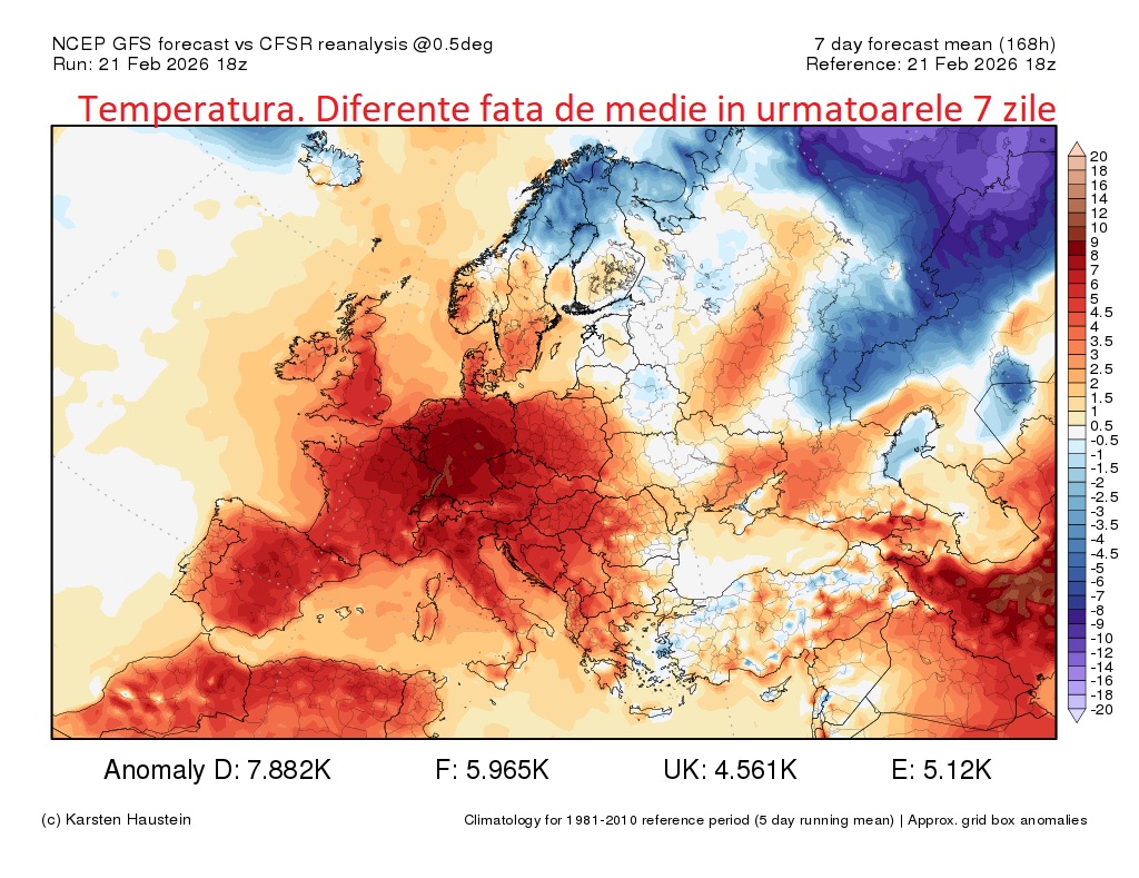 Temperatura. Diferente fata de medie in urmatoarele 7 zile