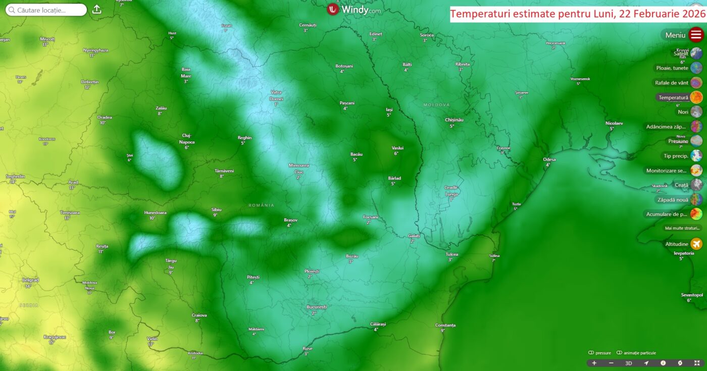 Temperaturi estimate pentru Luni, 23 Februarie 2026