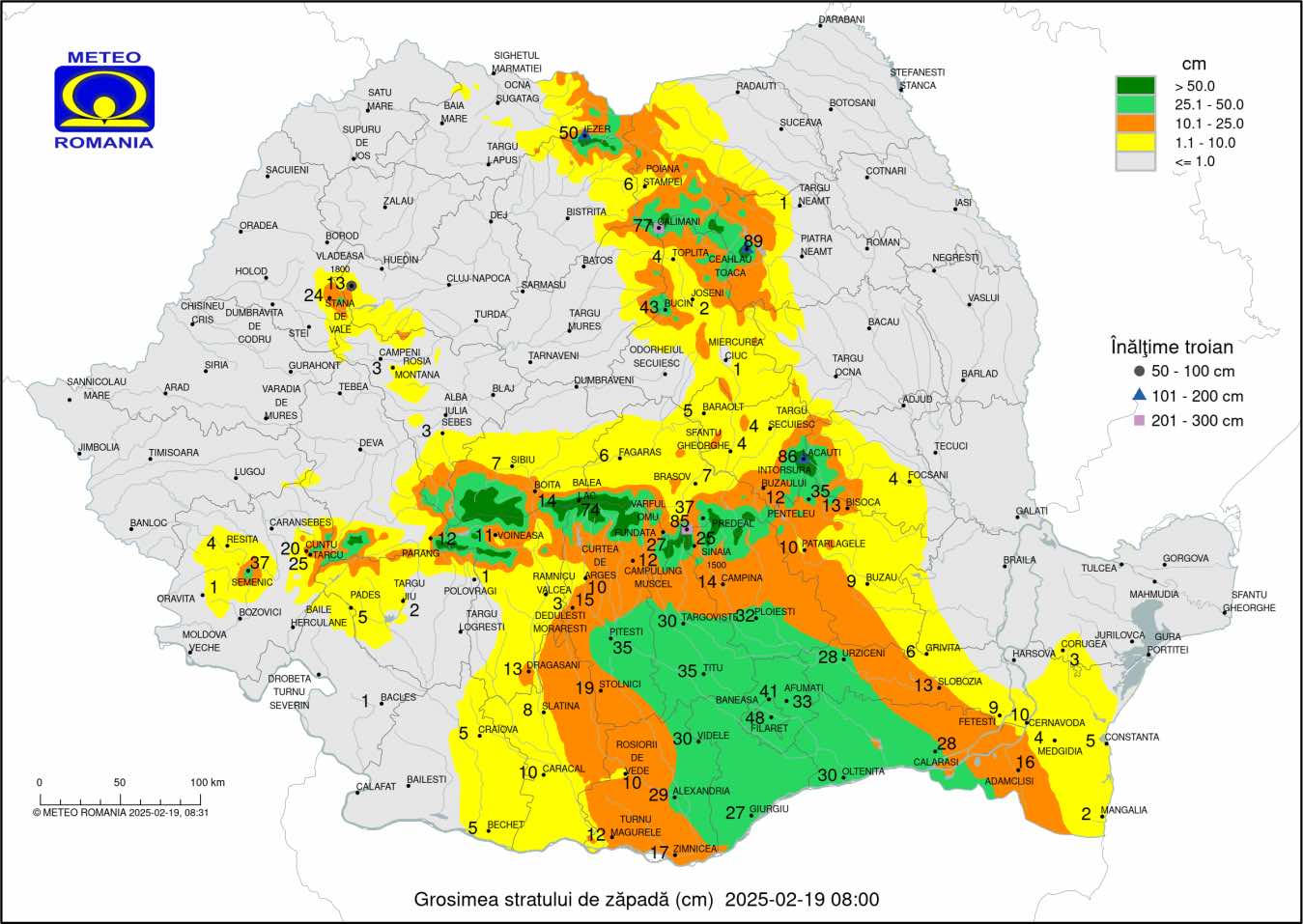 Harta stratului de zapada din data de 19 Februarie 2025