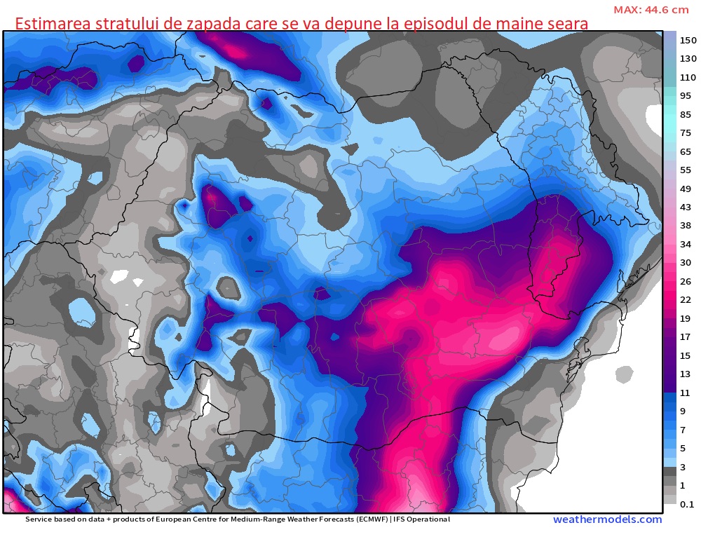Estimarea stratului de zapada care se va depune pana Duminica