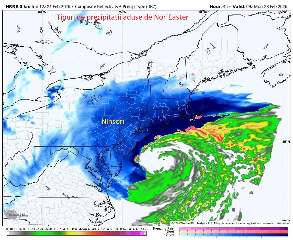 Tipuri de precipitatii, pe parcursul trecerii Nor`Easterului