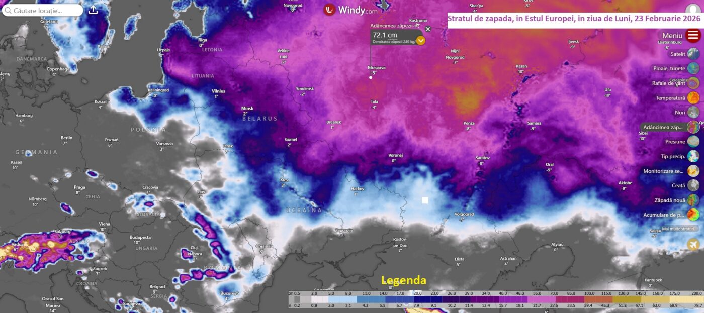 Stratul de zapada in Estul Europei, Luni, 23 Februarie 2026