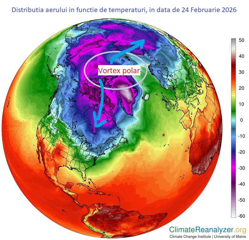 Distributia aerului in functie de temperaturi, in data de 24 Februarie 2026
