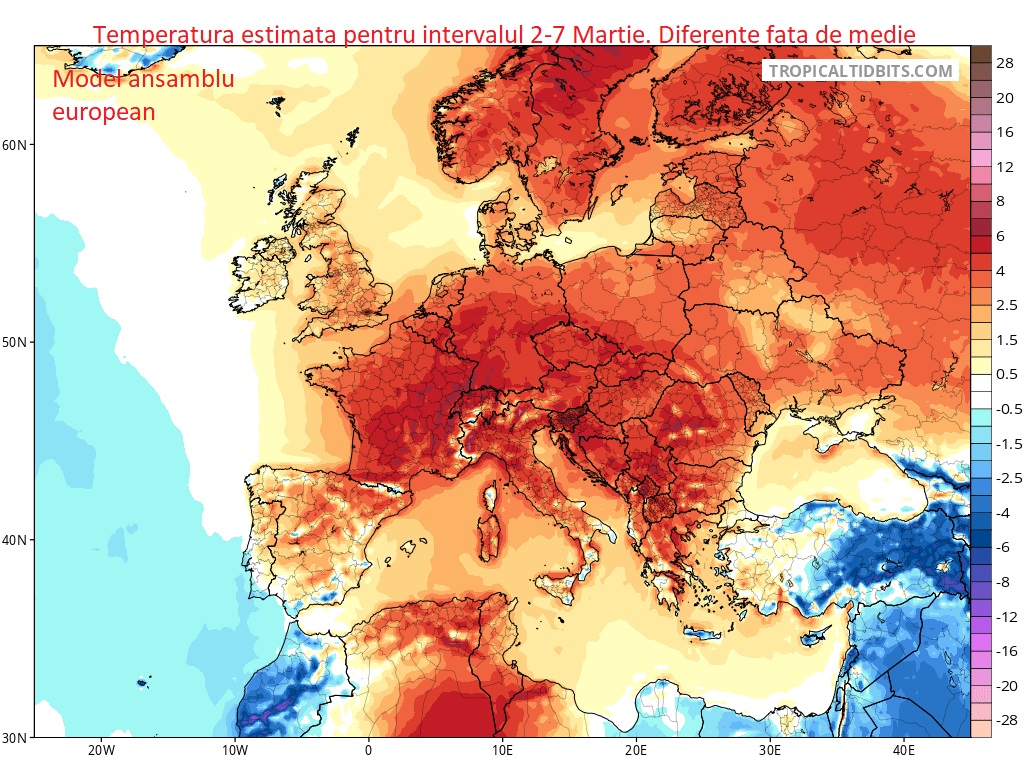 Temperatura. Diferente fata de normal estimate pentru 2-7 Martie