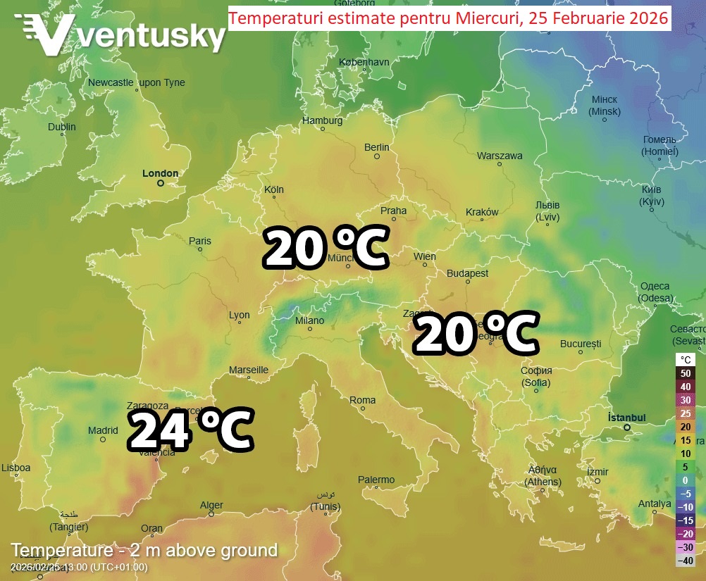 Temperaturi estimate pentru Miercuri, 25 Februarie 2026