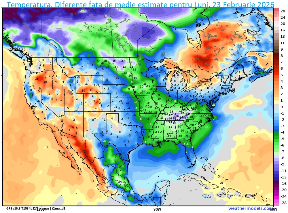 Temperaturi. Diferente fata de medie estimate pentru Luni