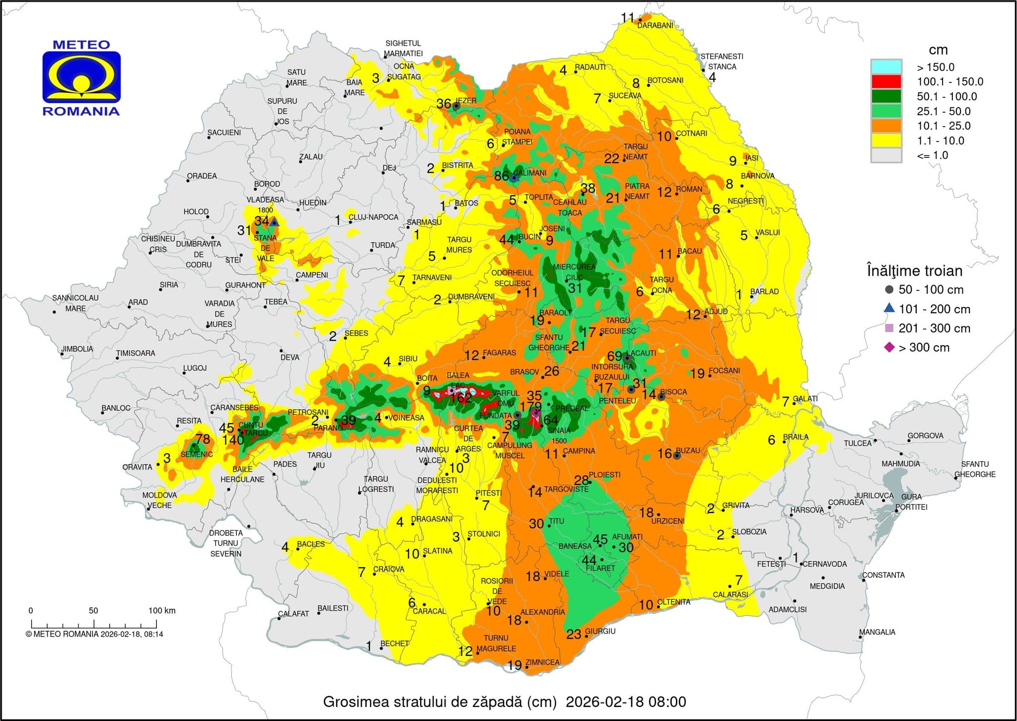 Harta stratului de zapada din data de 18 Februarie 2026