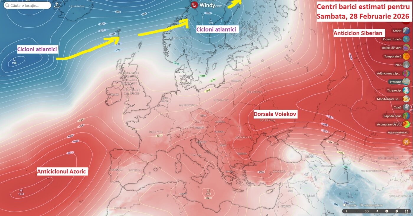 Centri de presiune estimati pentru Sambata, 28 Februarie