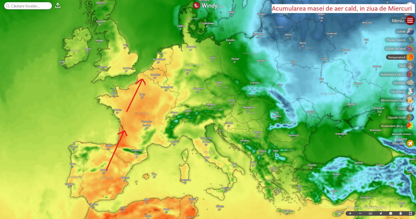 Acumularea masei de aer cald, in ziua de Miercuri