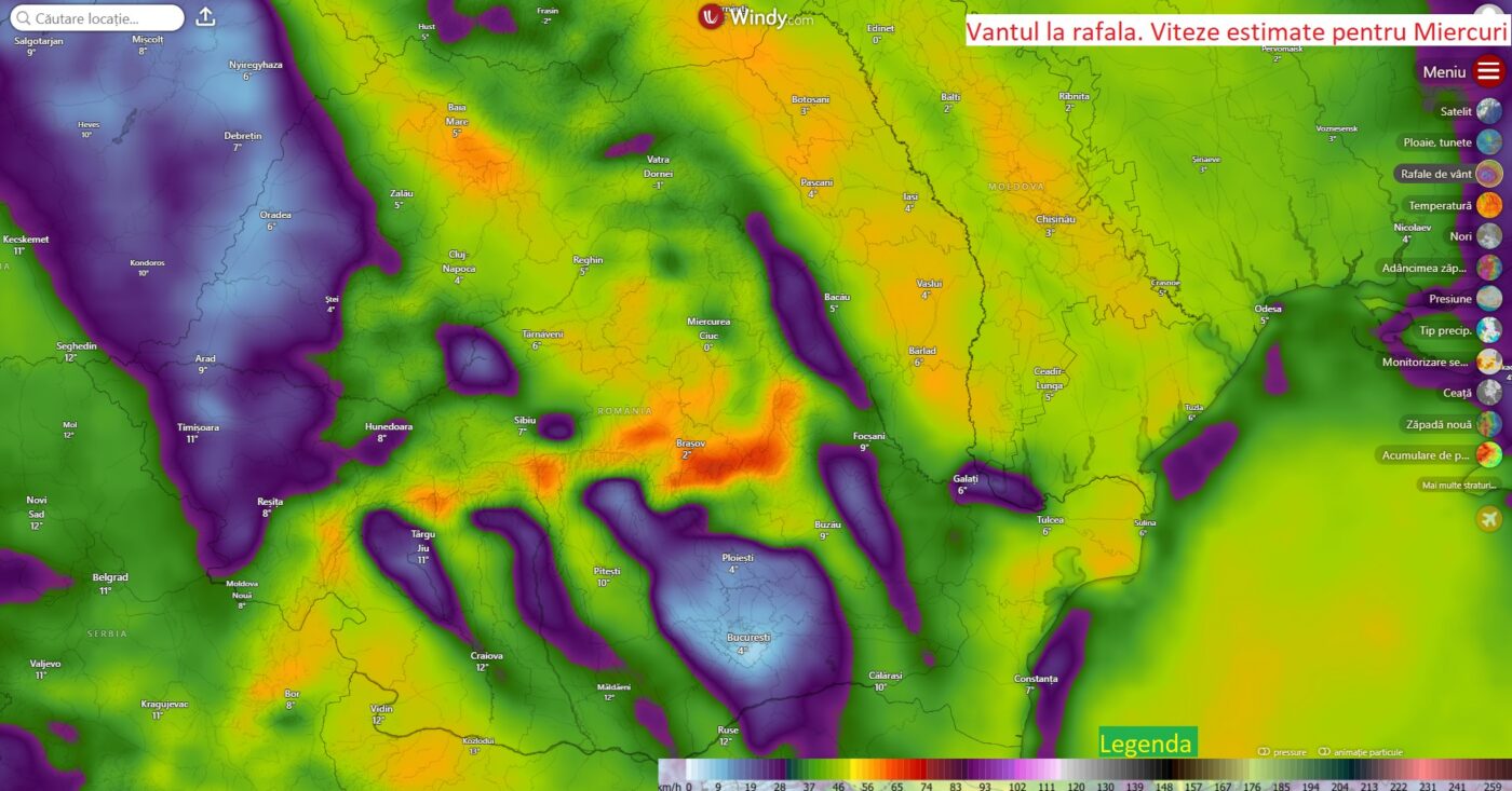 Vant. Viteze la rafala estimate pentru Miercuri