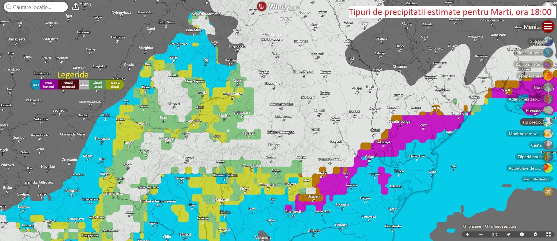 Tipuri de precipitatii estimate pentru Marti, ora 18:00