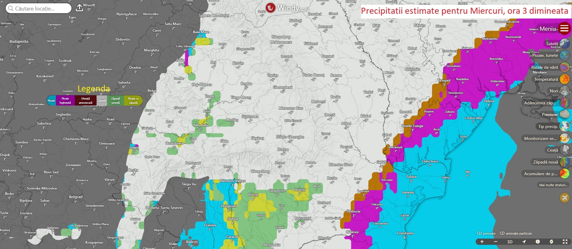 Tipuri de precipitatii estimate pentru Miercuri, ora 3 dimineata