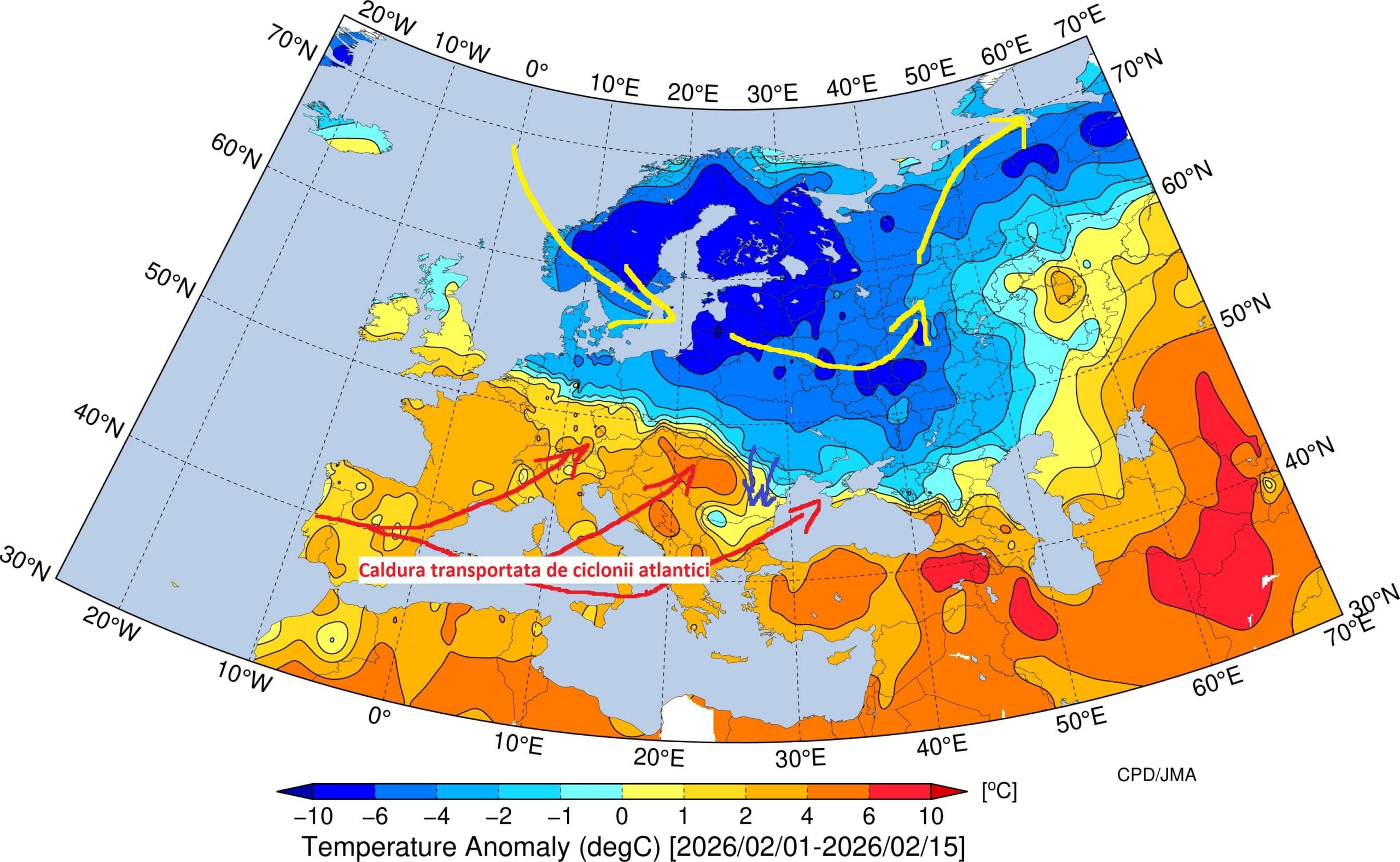 Media temperaturilor fata de normal in perioada 1-15 Februarie 2026