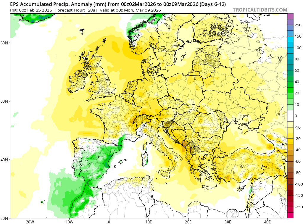 Precipitatii estimate pentru intervalul 2-9 Martie. Diferente fata de normal