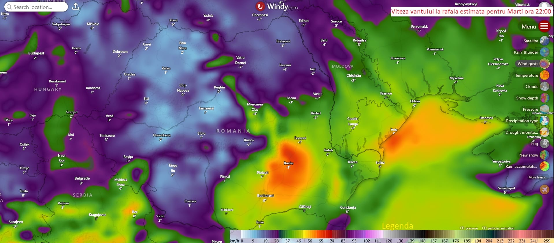 Viteza vantului la rafala estimata pentru Marti, ora 22:00