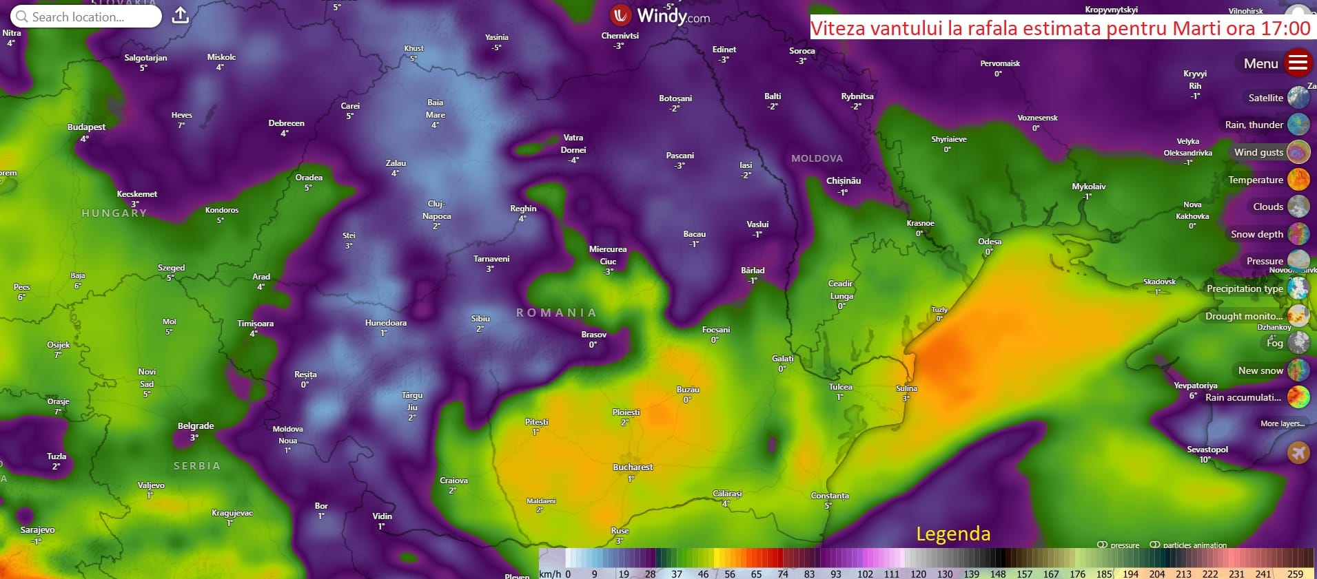 viteza vantului la rafala estimata pentru Marti, ora 17:00