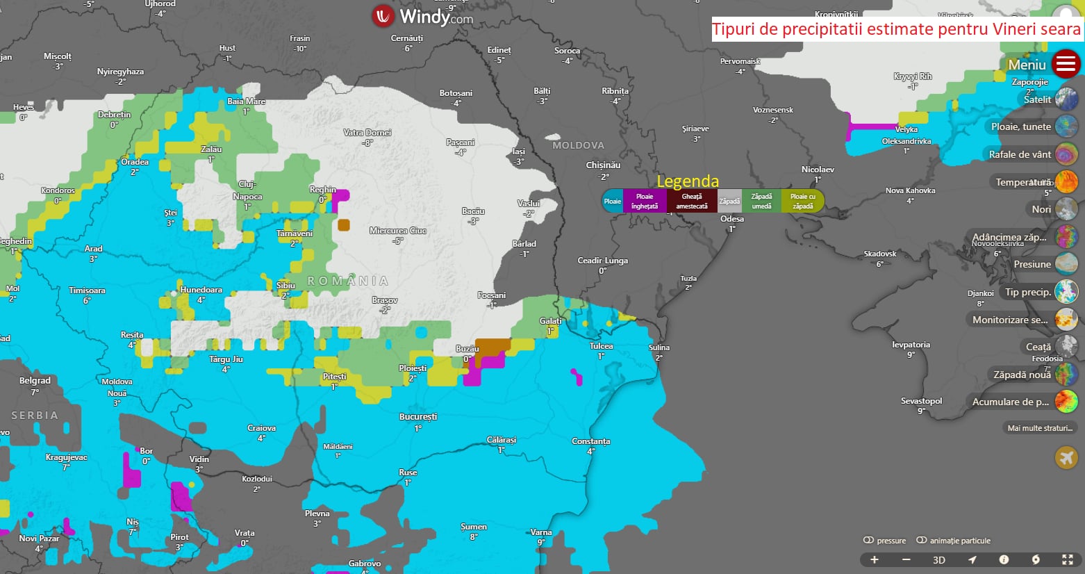 Tipuri de precipitatii estimate pentru Vineri seara