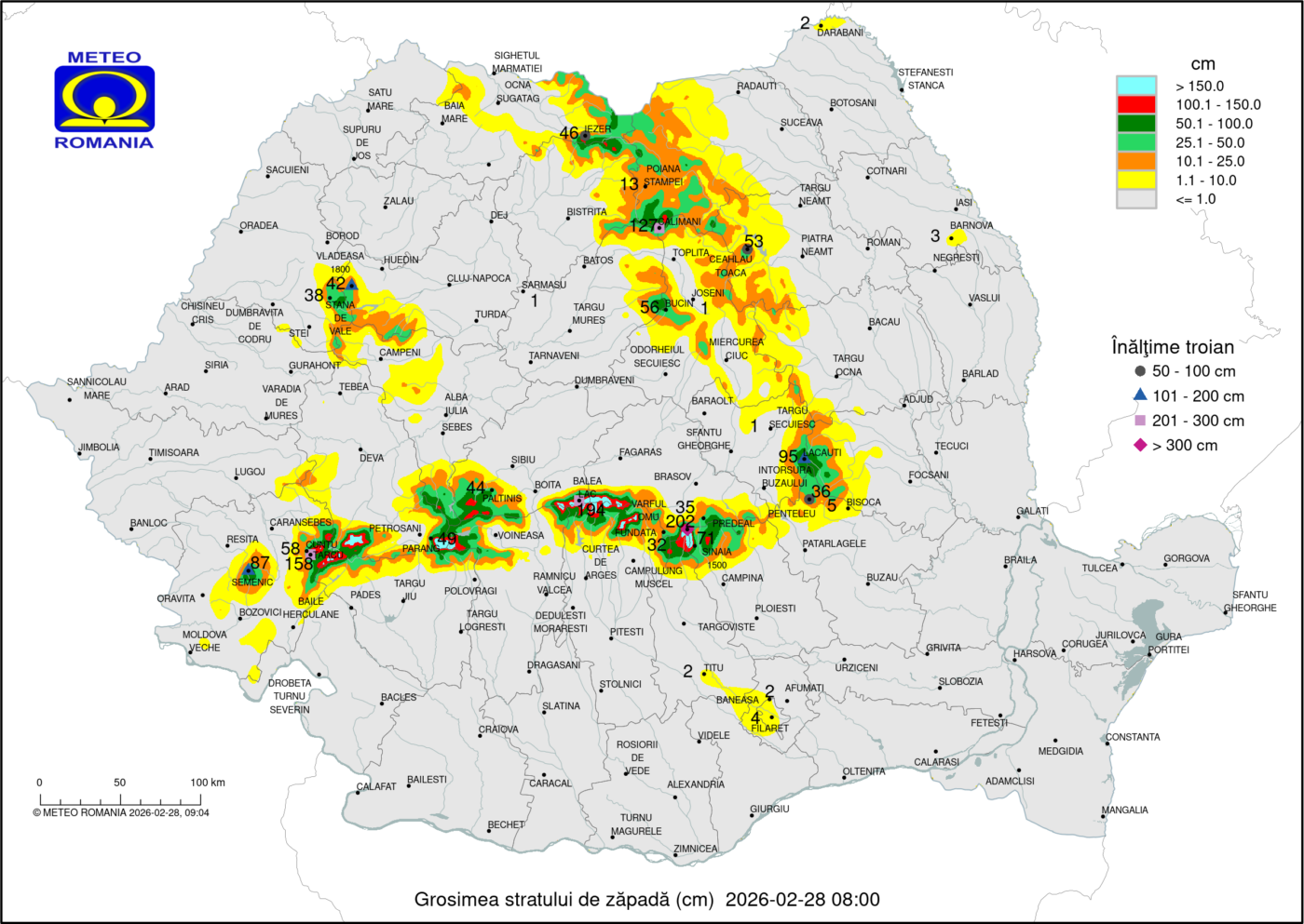 Stratul de zapada masurat in data de 28 Februarie 2026