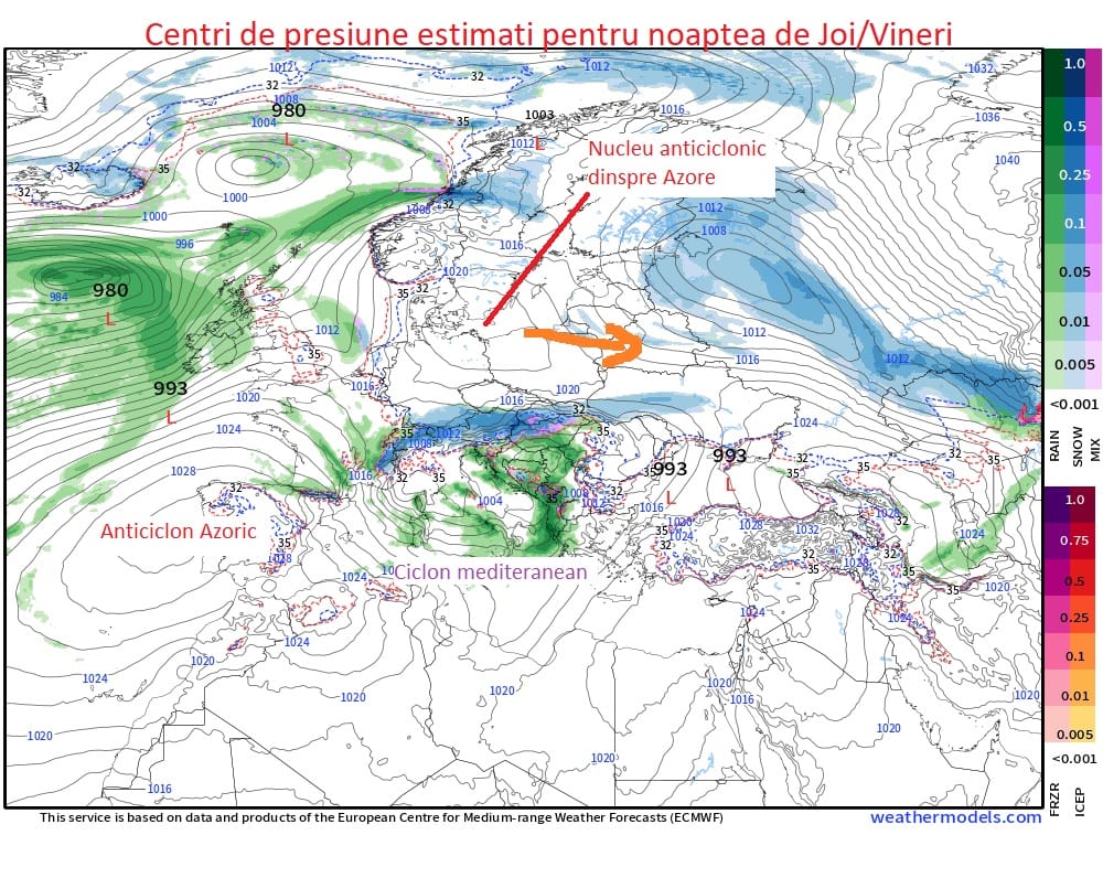 Centri de presiune estimati pentru noaptea de Joi/Vineri