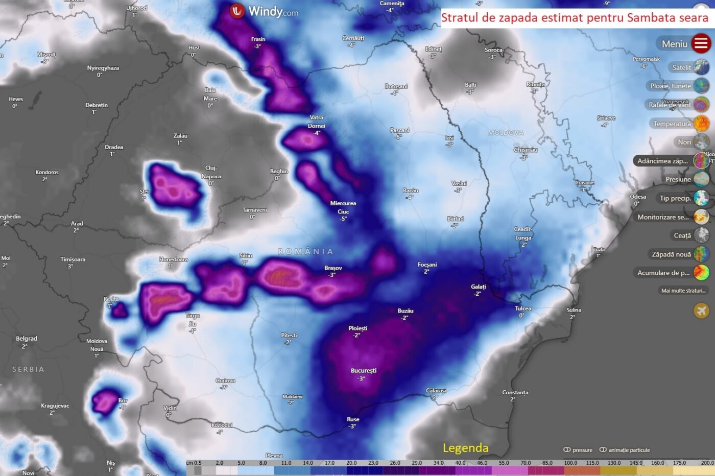Stratul de zapada estimat pentru Sambata seara