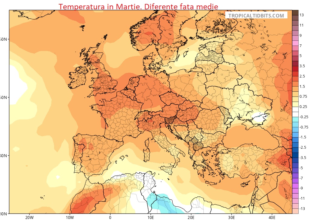 Temperatura. Diferente fata de medie estimate pentru Martie 2026