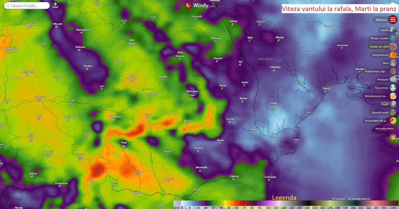 Vant. Viteze la rafala estimate pentru Marti