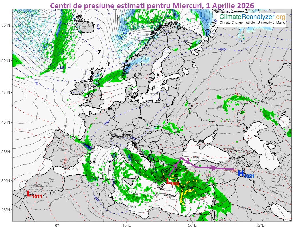 Centri de presiune estimati pentru Miercuri, 1 Aprilie 2026