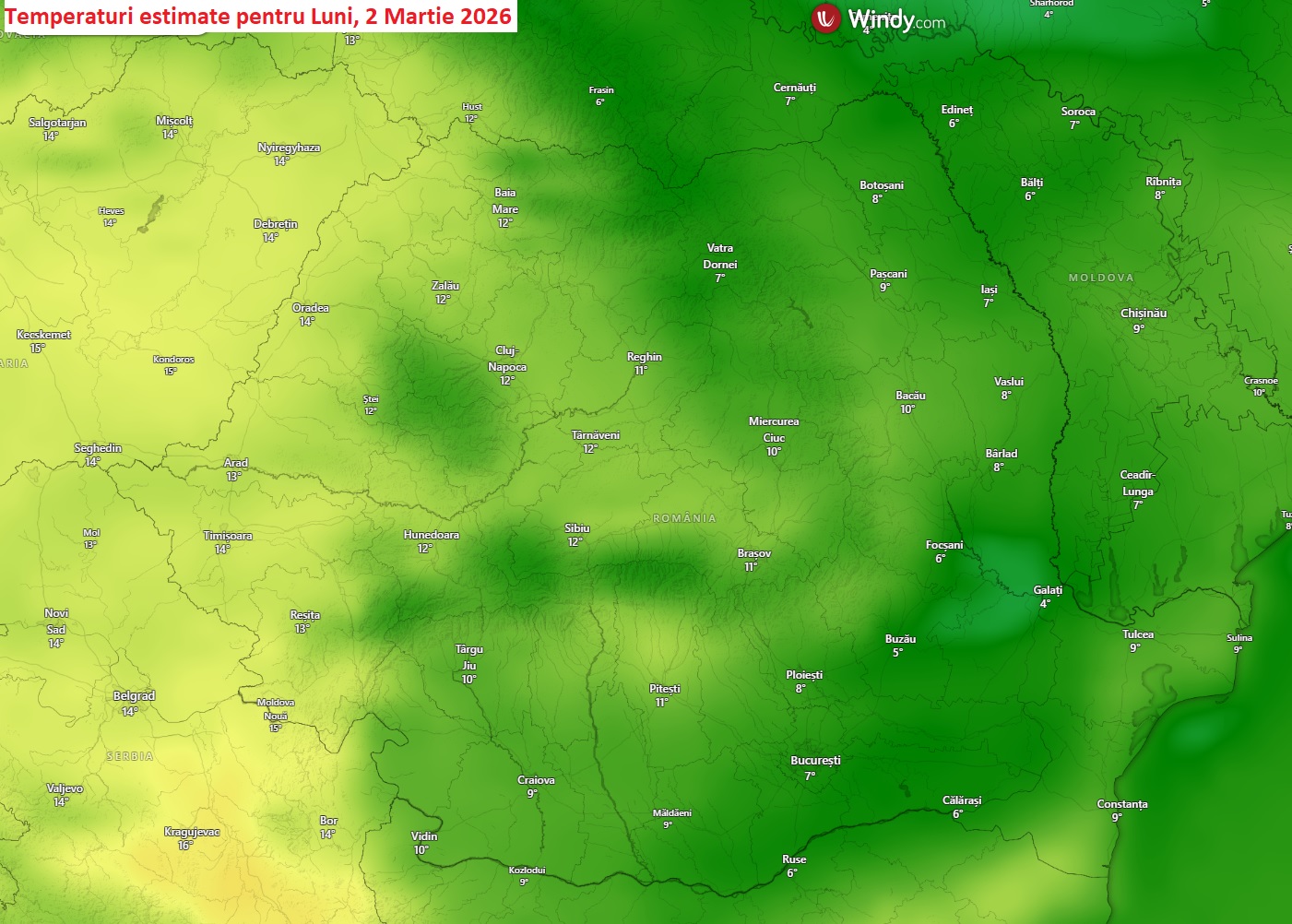 Temperaturi estimate pentru Luni, 2 Martie 2026