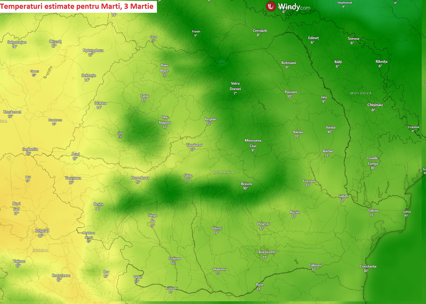 Temperaturi estimate pentru Marti, 3 Martie 2026