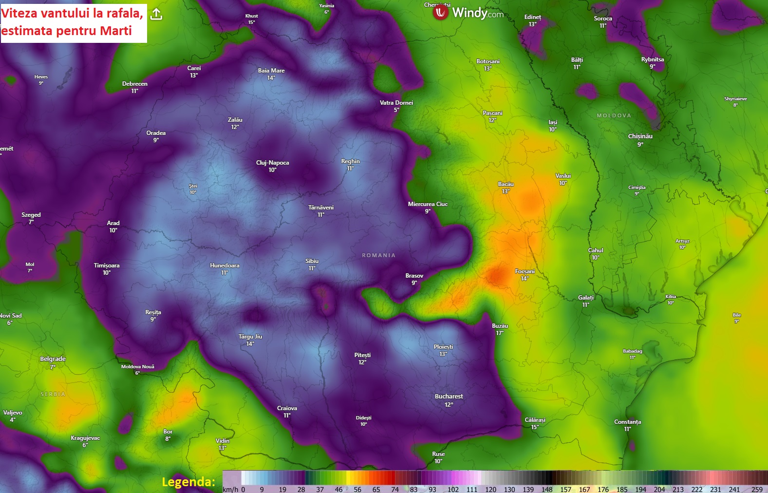 Viteza vantului estimata pentru Luni, 30 Martie 2026