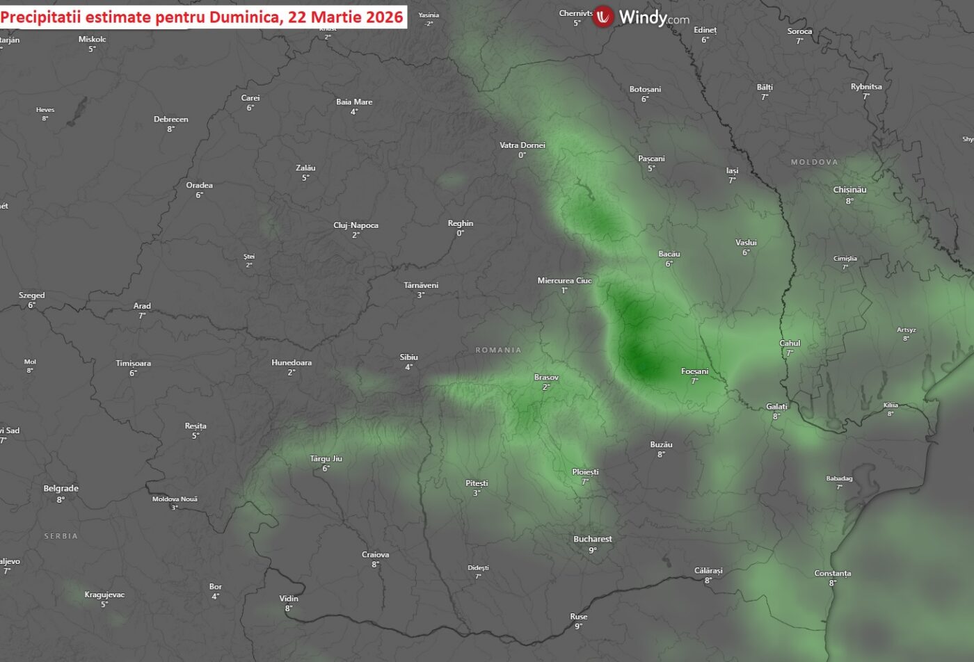 Cantitati de precipitatii estimate pentru Duminica , 22 Martie 2026