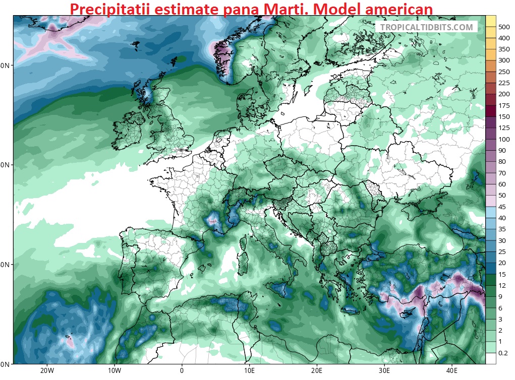 Precipitații estimate până Marți, 24 Martie 2026 seara