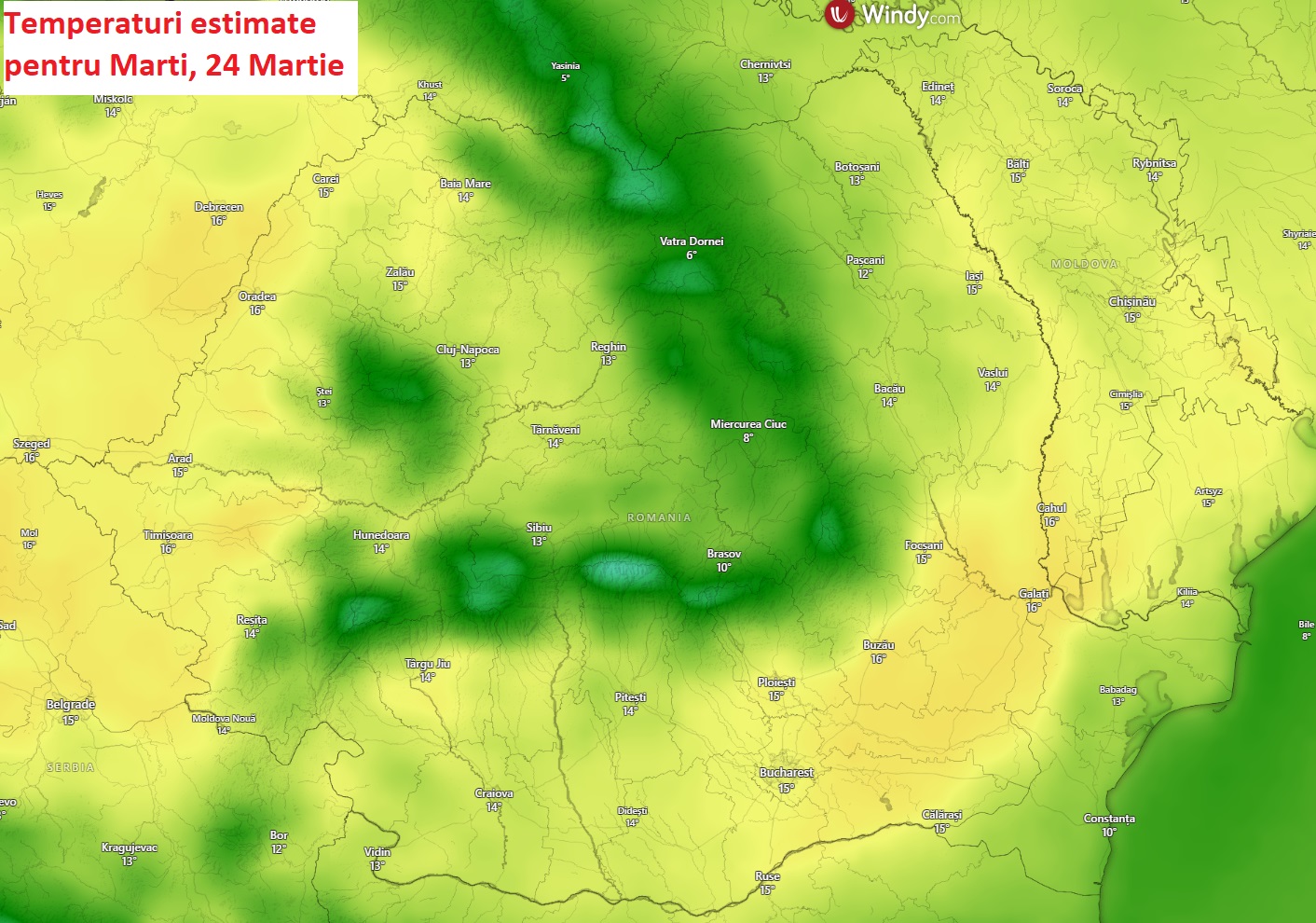 Temperaturi estimate pentru Marți, 24 Martie 2026