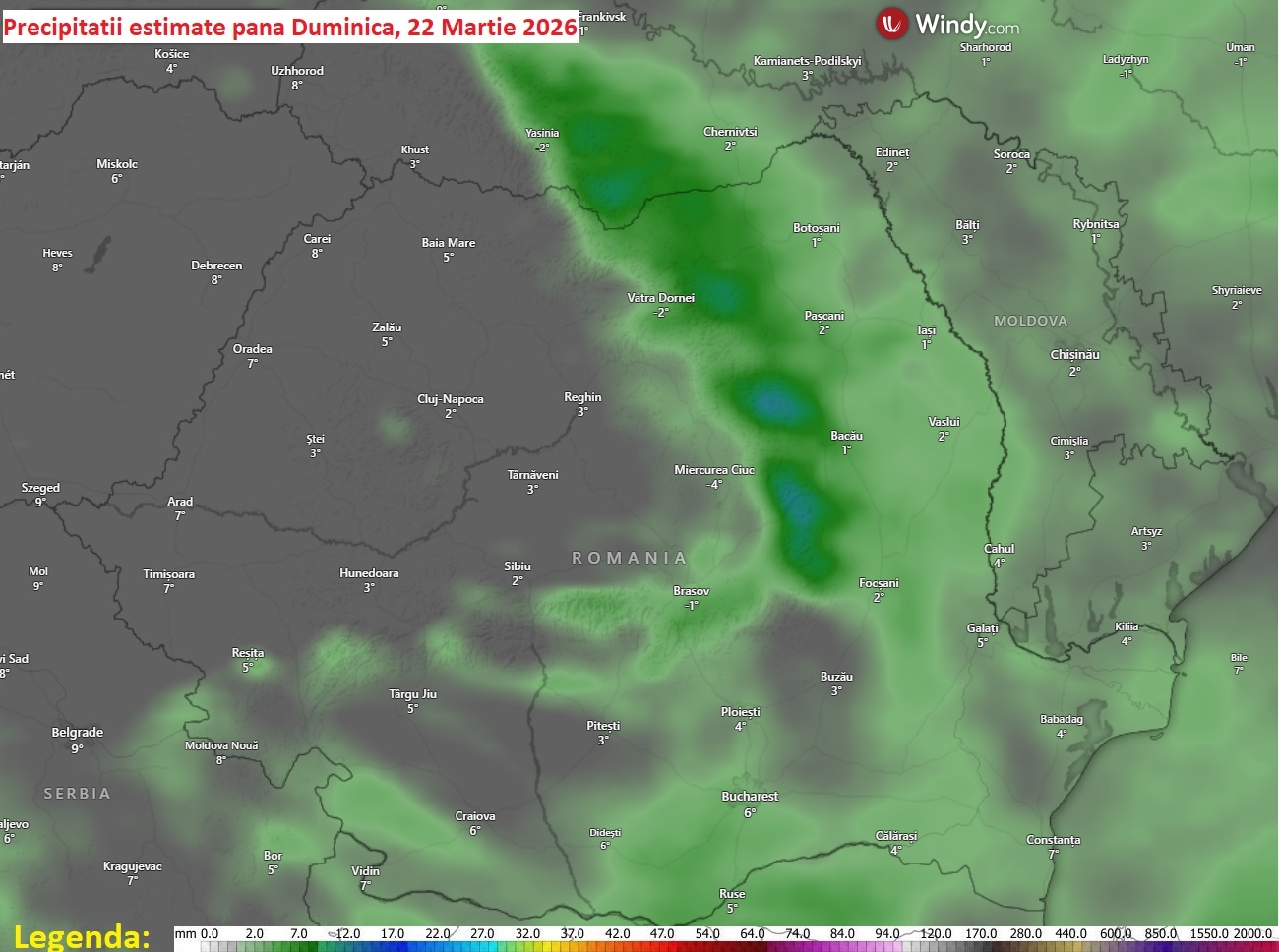 Precipitatii estimate pana Duminica, 22 Martie 2026