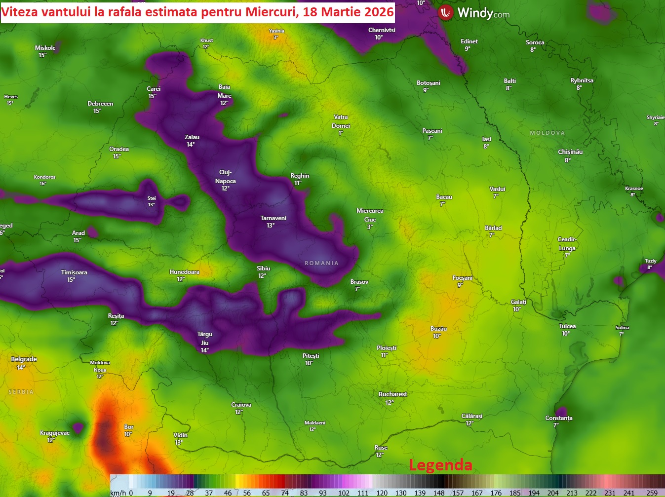 Viteza vântului la rafală, estimată pentru Miercuri 18 Martie 2026