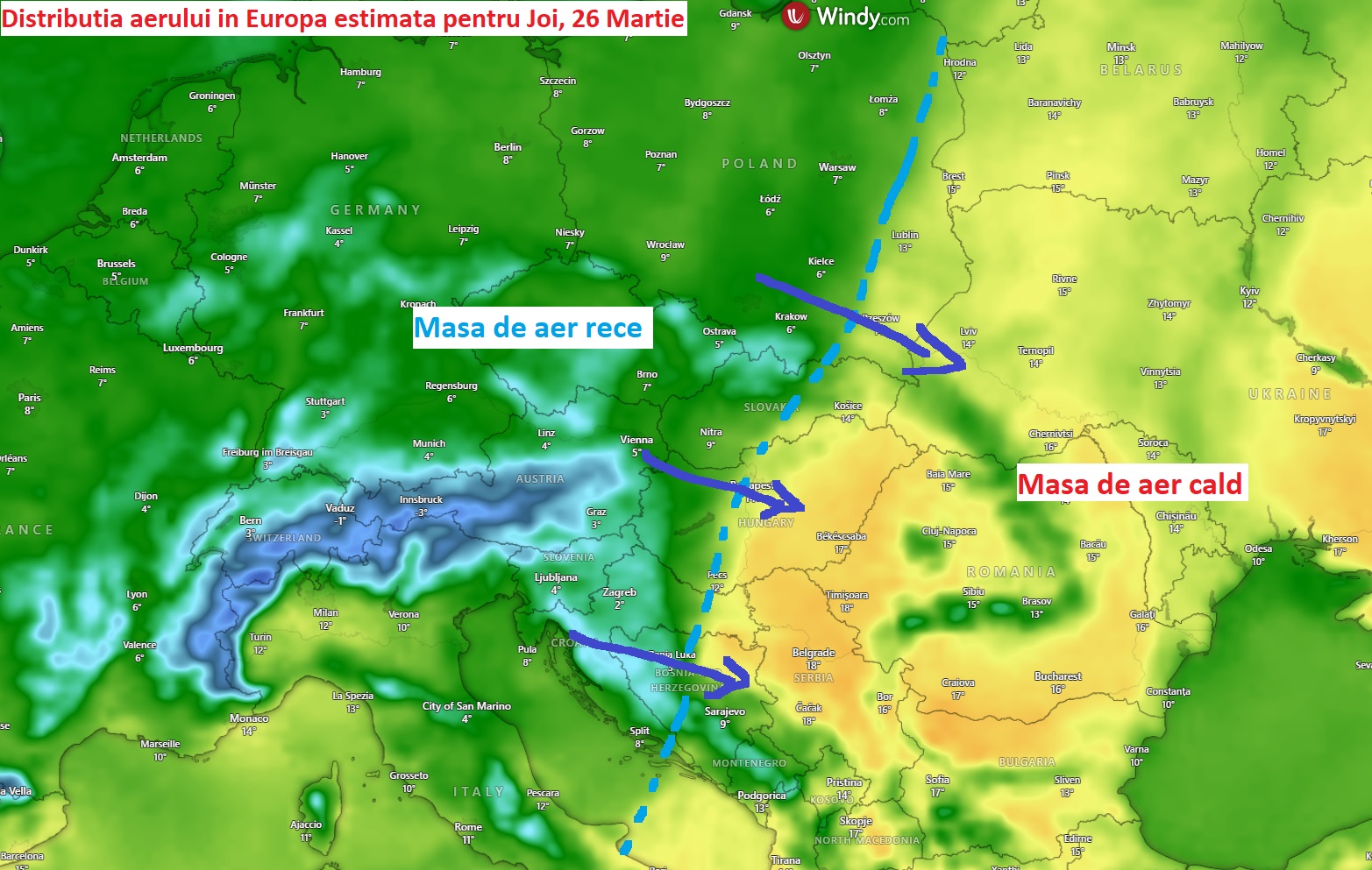 Distributia aerului in Europa pe parcursul zilei de Joi, 26 Martie