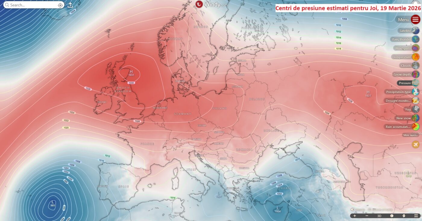 Centri de presiune în Europa estimați pentru Joi, 19 Martie 2026