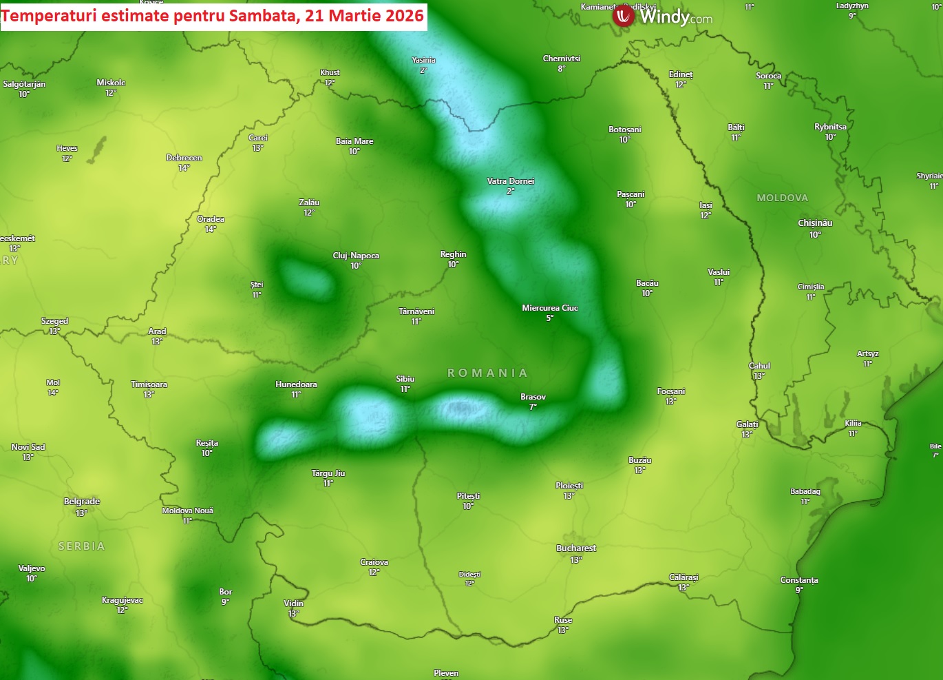 Temperaturi estimate pentru Sambata, 21 Martie 2026