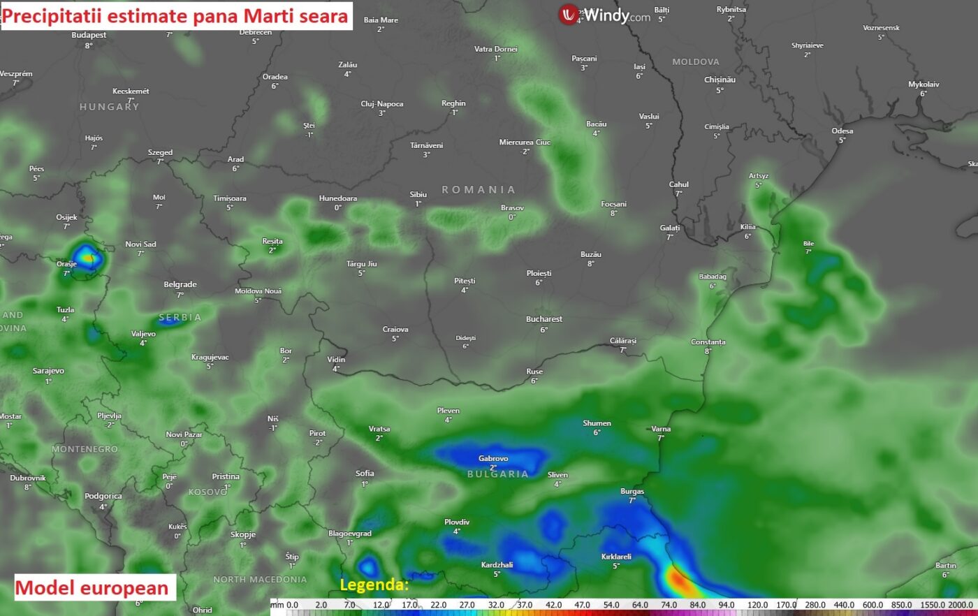 Precipitații estimate până Marți, 24 Martie 2026 seara