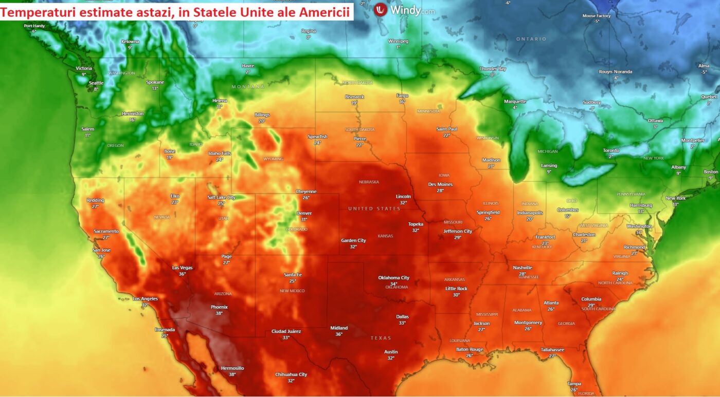 Temperaturi estimate în Statele Unite ale Americii pentru Sâmbătă, 21 Martie 2026