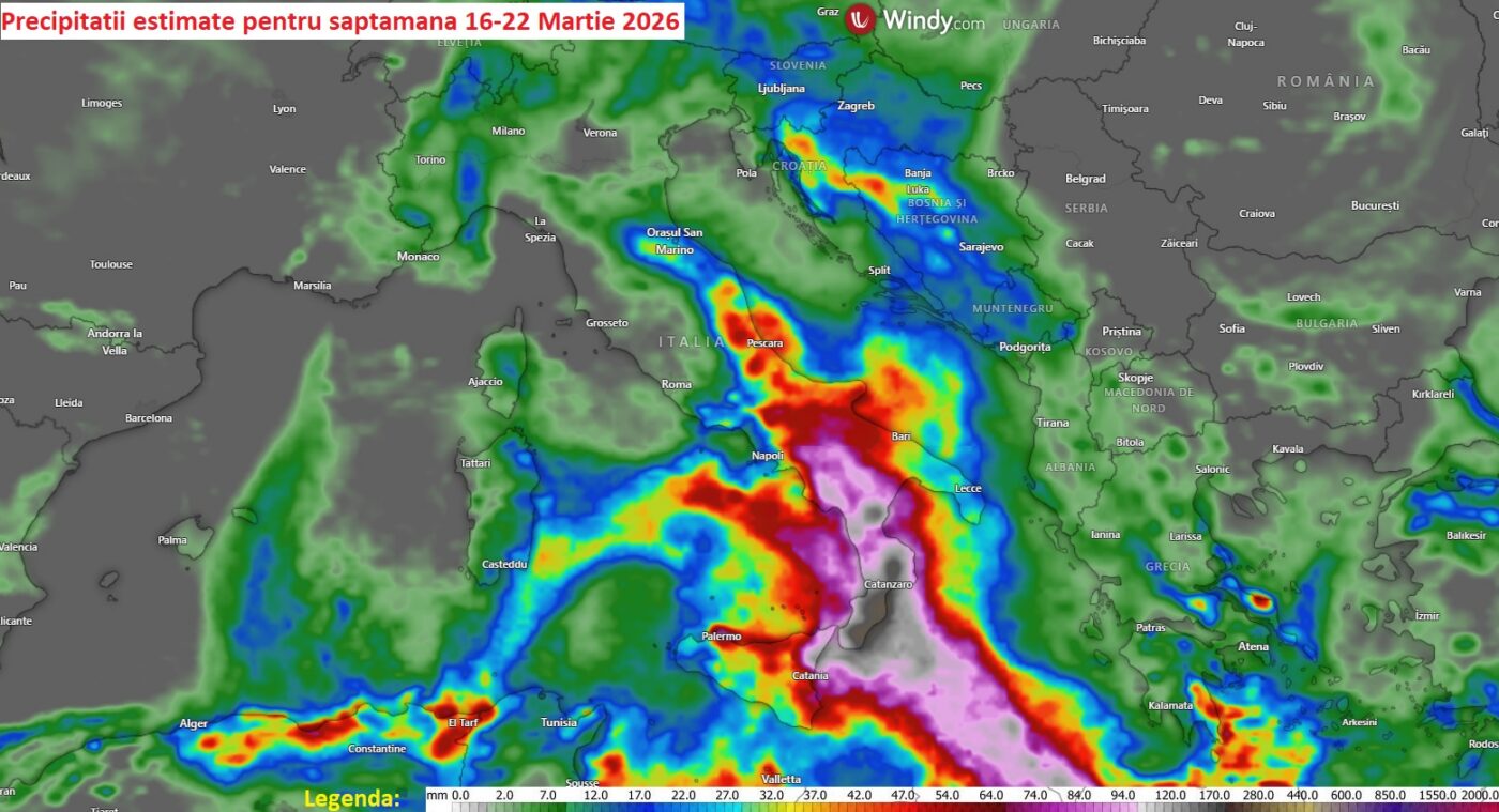 Precipitații estimate pentru săptămâna 16-22 Martie 2026 în zona Italiei
